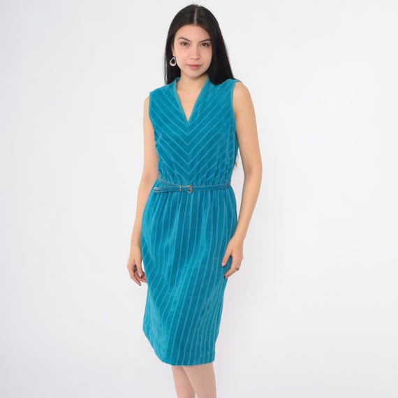 Vintage Blue Terry Cloth Dress 70s 80s Chevron Striped Summer Boho V Neck High Waist Terrycloth Bohemian 1980s Belted Pocket Midi Small