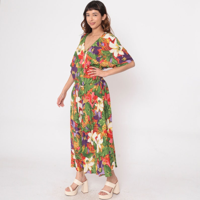 Tropical Floral Dress 90s Dolman Sleeve Maxi Boho Hippie V Neck Shirtdress 1990s Vintage Elastic Waist Button Up Green Red Purple Large image 3