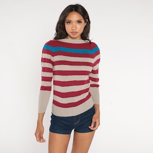 Puff Sleeve Sweater 80s Striped Knit Pullover Sweater Retro Boatneck Slouchy Pullover Boat Neck Grey Red Blue Vintage 1980s Acrylic Small S