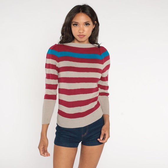 Puff Sleeve Sweater 80s Striped Knit Pullover Sweater Retro Boatneck Slouchy Pullover Boat Neck Grey Red Blue Vintage 1980s Acrylic Small S