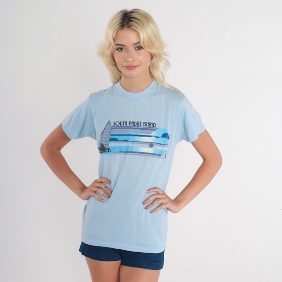 South Padre Island Shirt 80s Texas T-Shirt Sailboat Beach Boat Graphic Tee Nautical Sailing Tourist Blue Single Stitch Vintage 1980s Medium