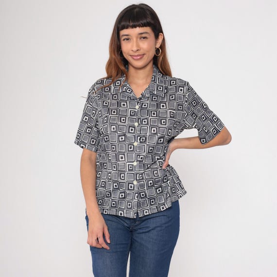 Y2K Geometric Button Up Shirt Black Op Art Print Shirt 00s Short Sleeve Blouse White Square Shapes Vintage Polyester 2000s Large