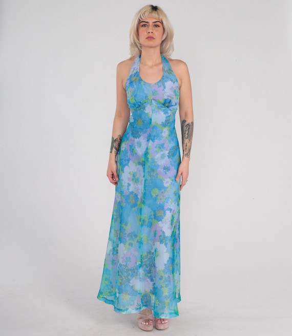 Vintage 70s Floral Dress Blue Maxi Dress Open Back Halter Dress Watercolor Flower Print Long Sun Dress Sleeveless Garden Party Boho 1970s XS