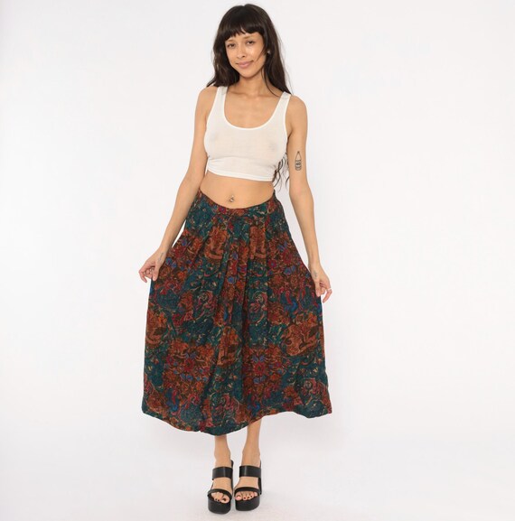 80s Paisley Pleated Midi Skirt Teal Rust Floral Full Gathered Pocket Earth Tone Forest Green Copper Burgundy Vintage Fall Autumn Small S