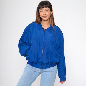 90s Windbreaker Royal Blue Zip Up Bomber Jacket Plain Cargo Pocket Silky Baseball Retro Track Jacket Light Vintage 1990s Oversized Large