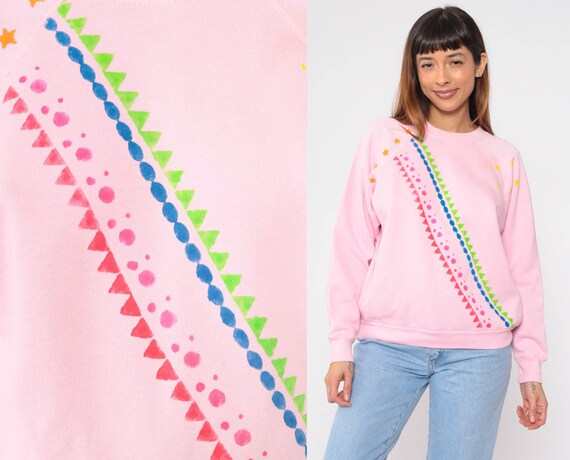 Painted Geometric Sweatshirt 80s Baby Pink Star Print Sweatshirt Neon Paint Crewneck Sweater Retro Artsy Raglan Sleeve Vintage 1980s Large L