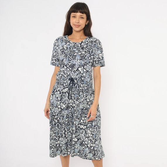 90s Summer Sundress Abstract Floral Dress Navy Blue White Cotton Waist Midi Button Henley Short Sleeve Batik Print Frock Vintage Large L