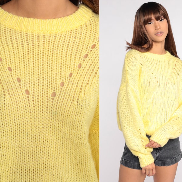 Sheer Yellow Sweater Pastel Shirt 80s Knit Cutout Sweater Pullover Retro Vintage Pointelle Sweater 1980s Oversized Medium