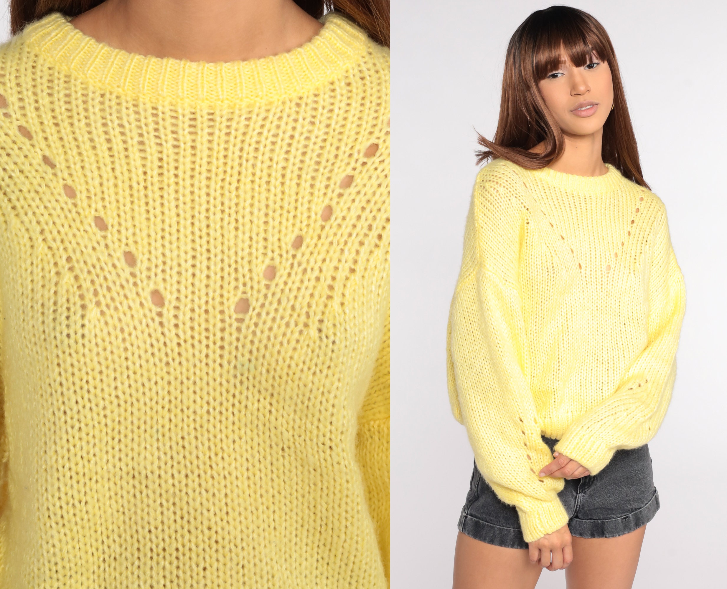 Sheer Yellow Sweater Pastel Shirt 80s Knit Cutout Sweater Pullover