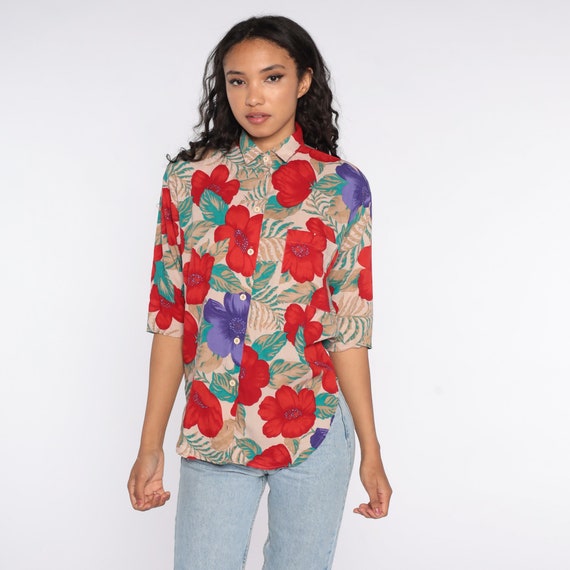 90s Floral Blouse Taupe Red Button Up Shirt Rayon 80s Short Sleeve Top Grunge Boho 1990s Vintage Collared Shirt Flower Print Small S