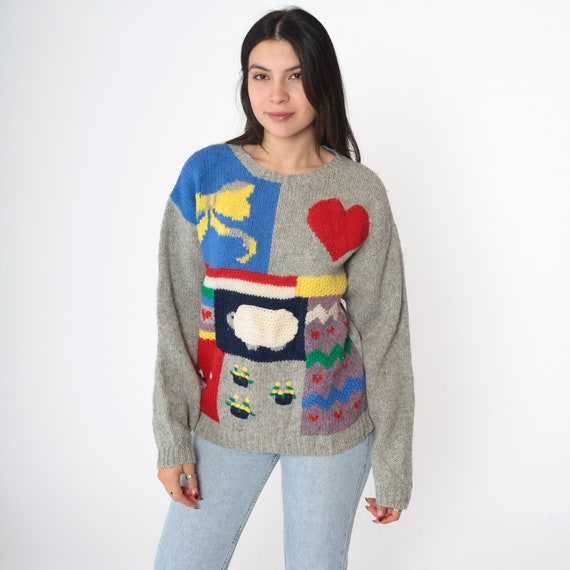 Wool Sheep Sweater 80s Cats & Hearts Novelty Sweater Knit Grey Sweater Pullover Crewneck Jumper Vintage Bow Animal Kitsch Medium