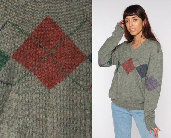 Argyle Sweater 80s 90s Grey Knit V Neck Sweater 1980s 1990s Pullover Slouchy Checkered Knit Hipster Grunge Vintage 1980s Cozy Jumper Large L