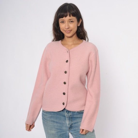 70s Pink Cardigan Wool Cropped Dusty Rose Mauve Blush Preppy Vintage Knit Sweater Long Sleeve Light Academia Preppy Girly Medium M