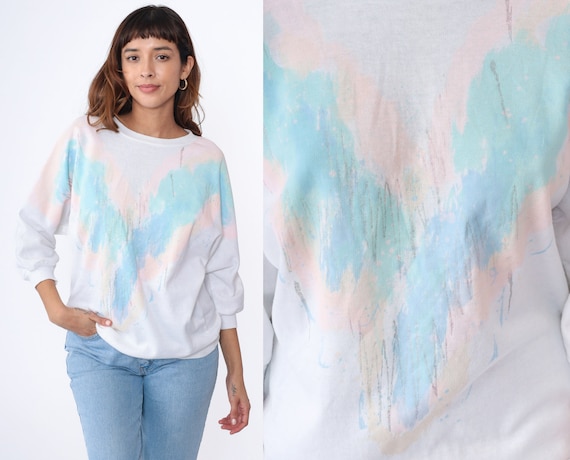 Batwing Sweatshirt 80s Pastel Chevron Stripe Glitter Paint 3/4 Sleeve Shirt White Pullover Slouchy Dolman 1980s Vintage Retro Medium
