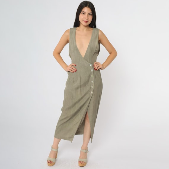 90s Wrap Dress Button Front Gray Taupe Deep V Plunge Neck Sleeveless Club Party Midi Date Night Going Out Statement Chic Evening Small S 4