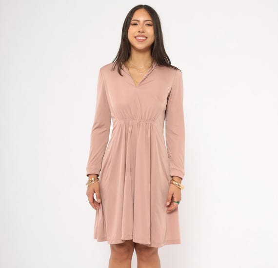 Mauve 70s Mini Dress Long Sleeve Gathered Waist Dusty Pink Collared Blush Rose Fit Flare Vintage Feminine Coquette Babydoll Frock Small S