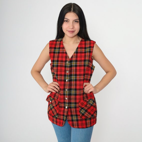 60s Plaid Vest Red Checkered Button Up Vest Sleeveless Jacker Retro Nerd Preppy Top V Neck Tartan Check Seventies 1960s Vintage Small 6