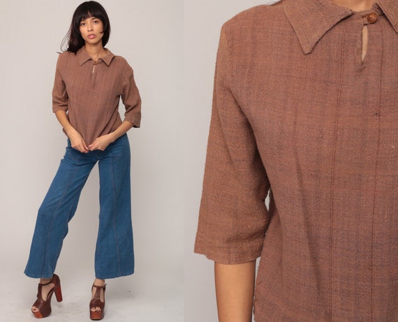 Embroidered Blouse Floral Shirt 70s Hippie Shirt Boho Top 1970s Bohemian Festival Brown Cotton Shirt 3/4 Sleeve Large