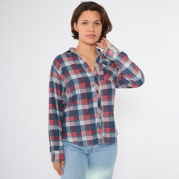 90s Plaid Shirt Flannel Shirt Blue Red Grunge Button Up 1990s Lumberjack Vintage Long Sleeve Large