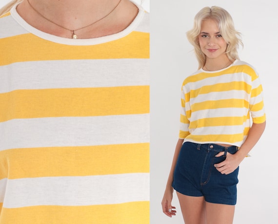 Striped Crop Top 90s Yellow Cropped Tee White T-Shirt Retro Basic Casual Summer TShirt Short 1/2 Sleeve Vintage 1990s Medium