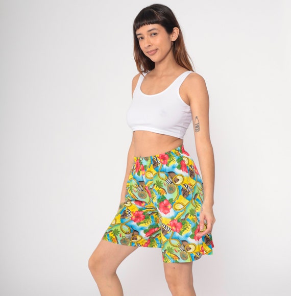 Tropical Pirate Ship Shorts 90s Floral Nautical Beach Shorts Compass Shorts Summer High Waisted Retro Vintage 1990s Small Medium Petite