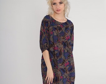 Paisley Tent Dress 70s Black Floral Mini Dress Boho Retro Seventies Short Sleeve Flowy Loose Purple Blue Red Vintage 1970s I Magnin Medium M