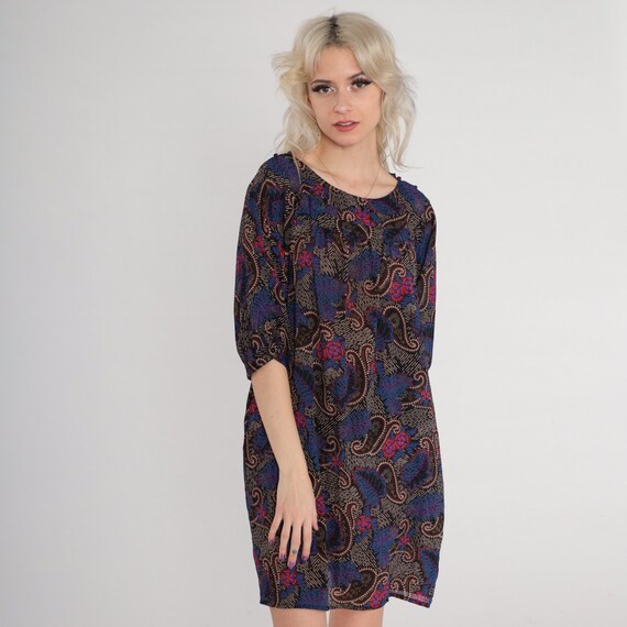 Paisley Tent Dress 70s Black Floral Mini Dress Boho Retro Seventies Short Sleeve Flowy Loose Purple Blue Red Vintage 1970s I Magnin Medium M