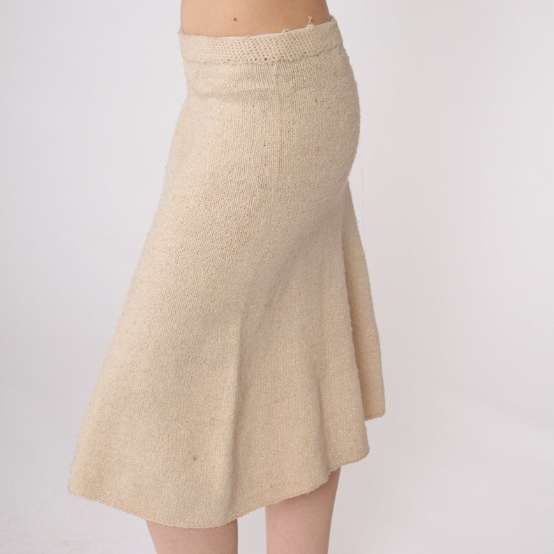 Knit Pencil Skirt 80s Metallic Beige Skirt Sparkly High Waisted Sweater Skirt Midi Light Cream 1980s Vintage Small Medium image 4