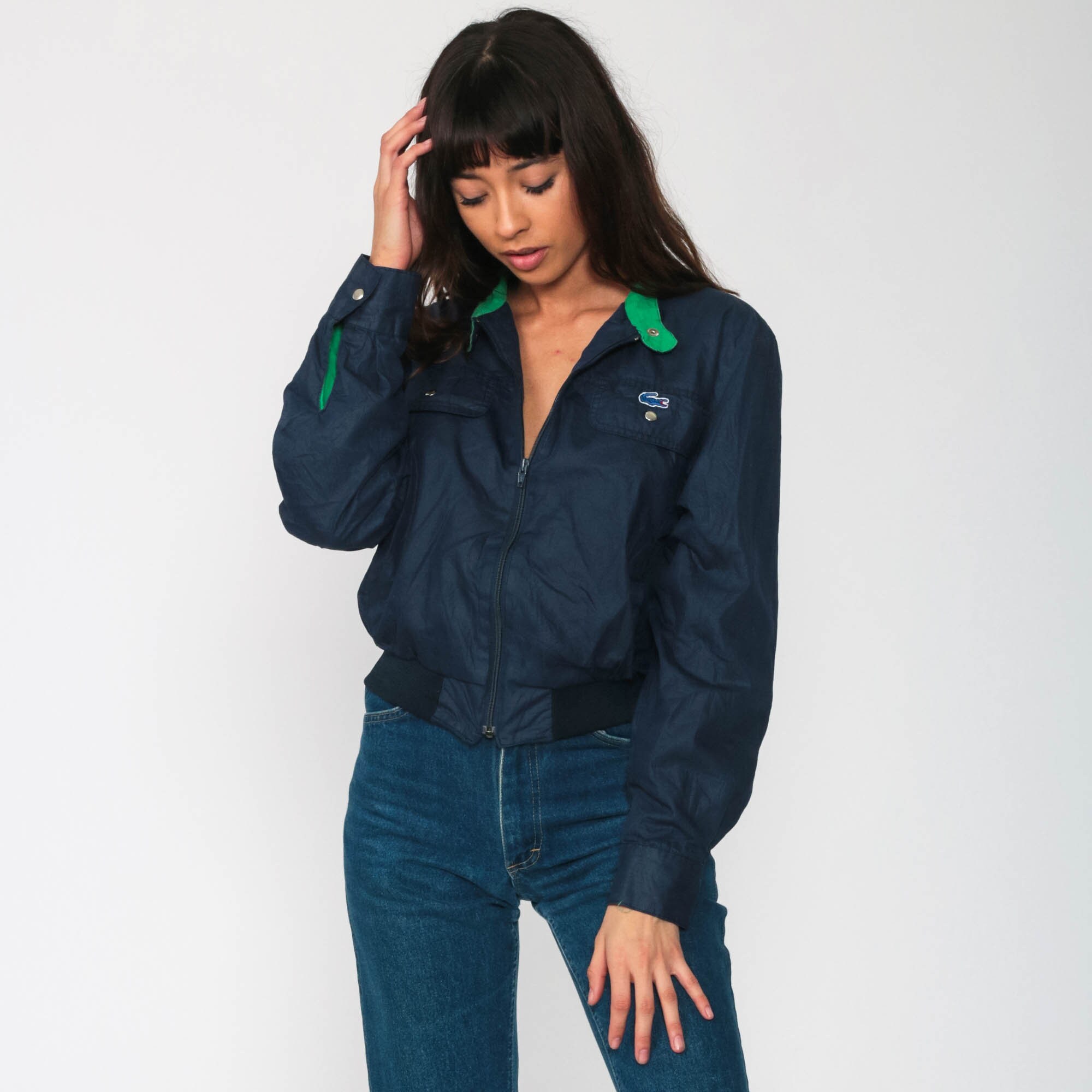 Lacoste Jacket 80s Windbreaker Bomber Jacket Alligator Lacoste Navy Blue Crocodile Zip Up Preppy 