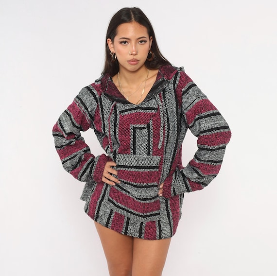90s Baja Hoodie Drug Rug Pink Black Gray Striped Pullover Mexican Hooded Sweatshirt Kangaroo Pocket Woven Long Sleeve Surf Vintage Large L