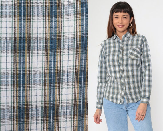 80s Plaid Blouse 70s Button Up Shirt White Blue Yellow Checkered Print Long Sleeve Top Retro Plain Basic Casual Vintage 1980s Medium