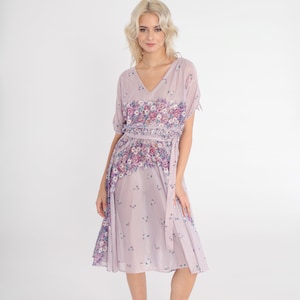 Sheer Floral Dress 70s Lavender Midi Dress Pastel Purple Garden Party Fairycore High Waisted V Neck Flower Print Vintage 1970s Small Medium