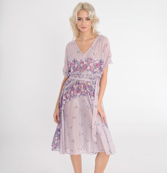 Sheer Floral Dress 70s Lavender Midi Dress Pastel Purple Garden Party Fairycore High Waisted V Neck Flower Print Vintage 1970s Small Medium