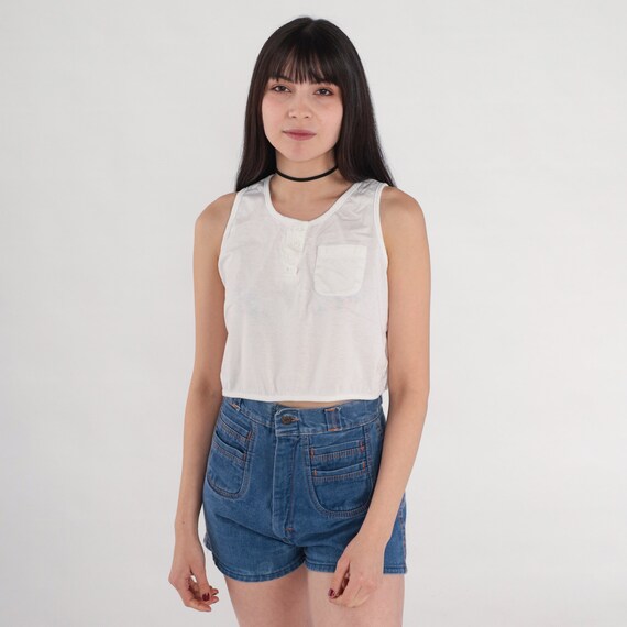 White Cropped Tank Top 80s Crop Top Retro Sleeveless Shirt Basic Minimalist Pocket Tee T-Shirt Plain Sporty Vintage 1980s Small