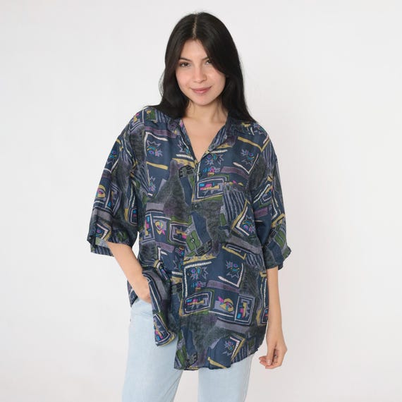 Vintage Abstract Silk Shirt 90s Blue Button Up Shirt Geometric Print Shirt Retro Artsy Short Sleeve Collared Streetwear 1990s Men's Large