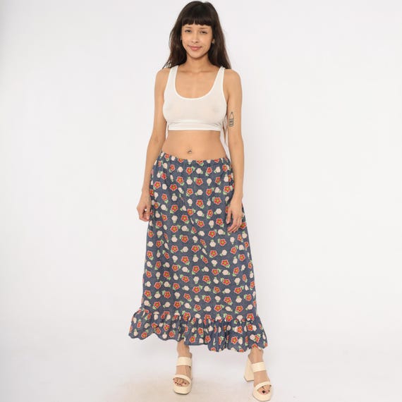 70s Floral Prairie Skirt Navy Blue Cotton Ruffle Hem Elastic Waist Red Green Cottagecore Summer Peasant Hippie Bohemian Vintage Large L