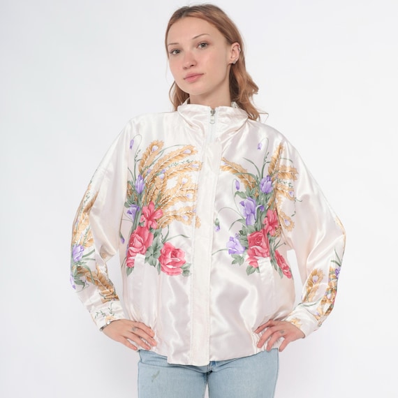 90s Floral Windbreaker Jacket White Bomber Zip Up Rose Wheat Botanical Elastic Waist Cottagecore Fairycore Street Style Purple Pink Medium M