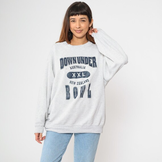 Vintage Down Under Bowl Sweatshirt 90s Gray Australia New Zealand XXL Football Crew Neck Pullover Oversized Faded Graphic 1990s XXL