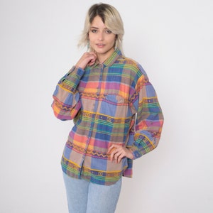 Geometric Checkered Shirt 80s 90s Southwestern Plaid Button Up Blouse Zig Zag Chevron Collared Vintage Long Sleeve Blue Pink Taupe Large image 4