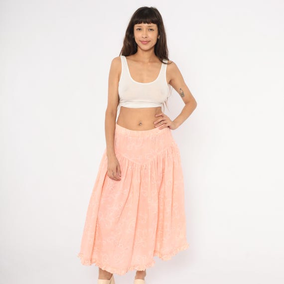 Peach Floral Skirt 90s Cotton Midi Ruffle Hem Salmon Pink Prairie Cottagecore Blush Feminine Beach Summer Spring Easter Pastel Medium M