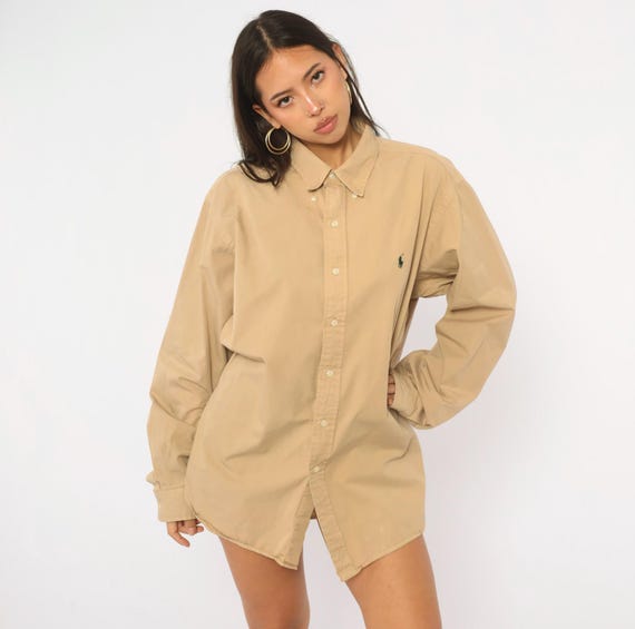 90s Ralph Lauren Shirt Tan Cotton Button Down Collar Long Sleeve Oxford Khaki Beige Boyfriend Top Preppy Collegiate Mens Extra Large XL