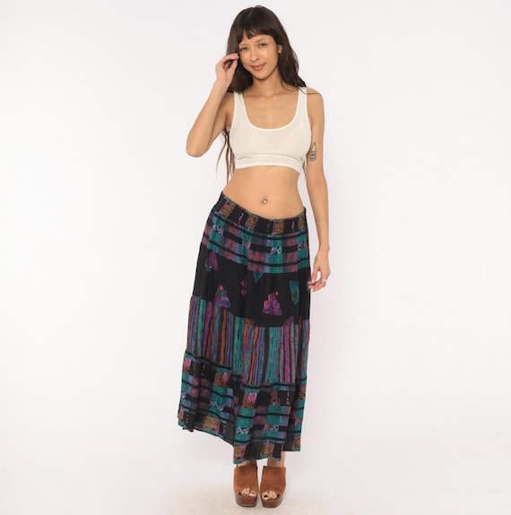 90s Abstract Tiered Skirt Black Teal Purple Geometric Elastic Waist Patchwork Stripe Colorful Maxi Eclectic Festival Vintage Plus Size 22/24