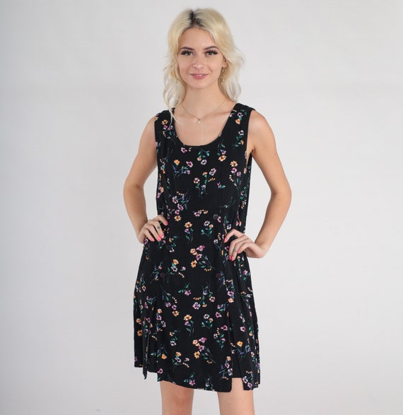 Black Floral Dress 90s Mini Dress Retro Sleeveless Shift Party Minidress Front Slit Flower Print Evening Cocktail Vintage 1990s Medium M