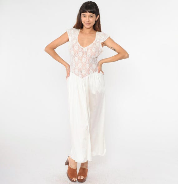 80s White Lace Nightgown Metallic Iridescent Lingerie Slip Dress Vintage Maxi Sheer Nightie Cap Sleeve 1980s Low Basque Waist Medium