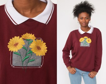 Sweat tournesol des années 90 sweat floral à col bordeaux pull oiseau chemise des années 80 pull graphique pull vintage Kawaii Extra Large xl