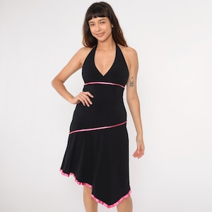 Y2K Black Halter Neck Dress Asymmetrical Hanky Hem Stretchy Vintage Tank Dress 00s Sleeveless Party Empire Waist Midi Small Medium