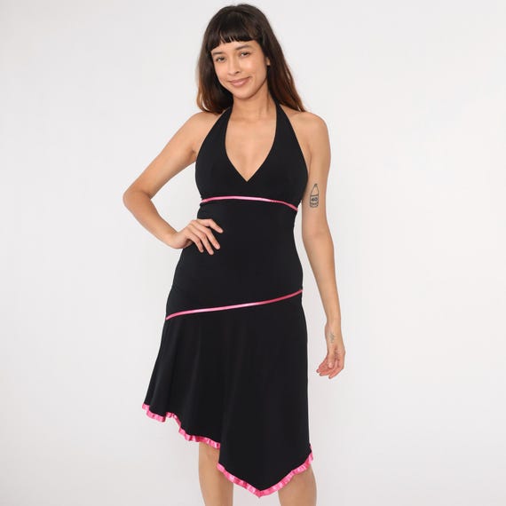 Y2K Black Halter Neck Dress Asymmetrical Hanky Hem Stretchy Vintage Tank Dress 00s Sleeveless Party Empire Waist Midi Small Medium