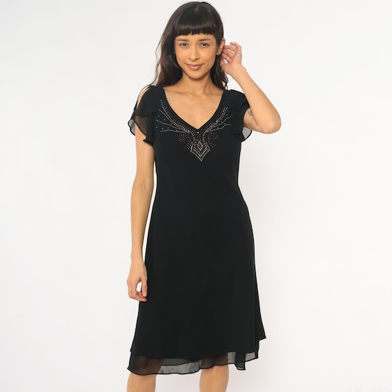 Beaded Mini Party Dress 90s Rhinestone Flutter Ruffle Cap Sleeve A-Line Party Cocktail Evening Formal Embellished Grunge Vintage Medium M