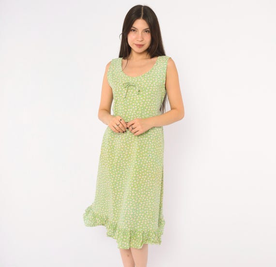 80s Ditsy Floral Dress Green Cotton Sleeveless Midi Daisy Cottagecore Prairie Sundress Tie Back White Pink Garden Party Vintage Medium M