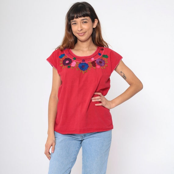 Mexican Embroidered Top Blouse 90s Red Floral Blouse Peasant Hippie Short Sleeve Shirt Summer Boho Festival Vintage 1990s Medium